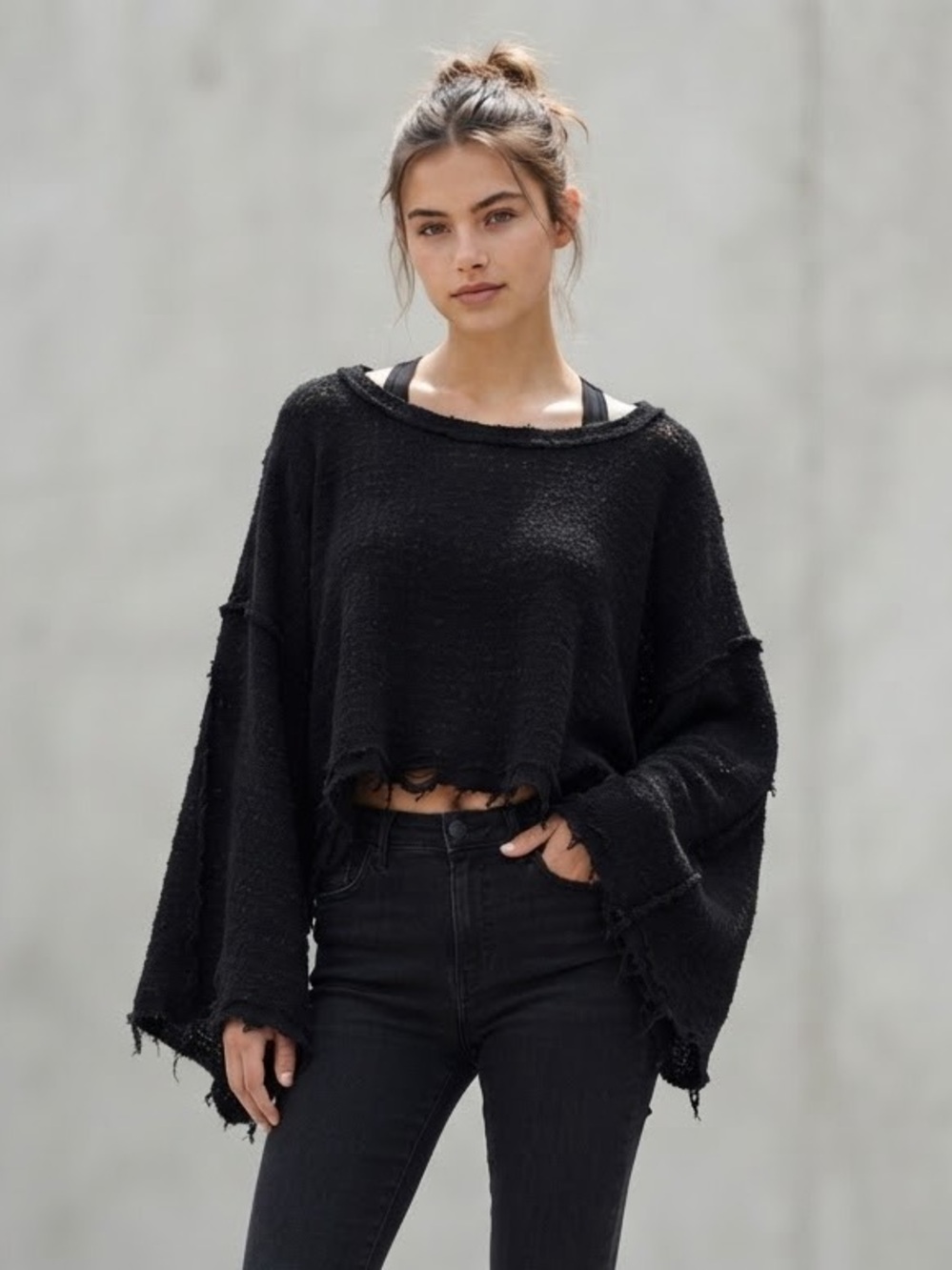 Free People We The Free Distressed Black Cropped Knit Sweater Slouchy M
